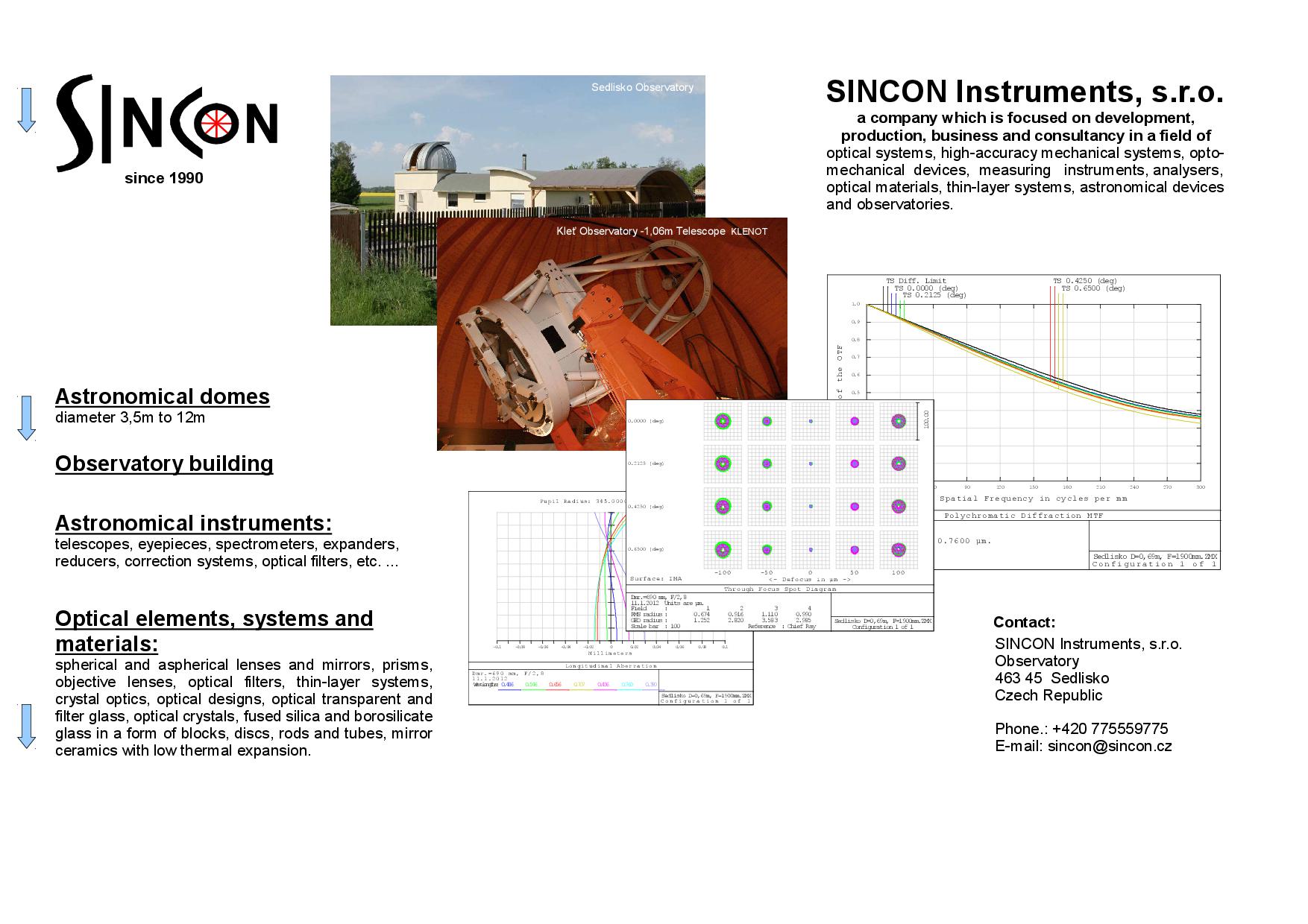 SINCON Instruments, optics, optical instruments, astronomical telescopes, development, production